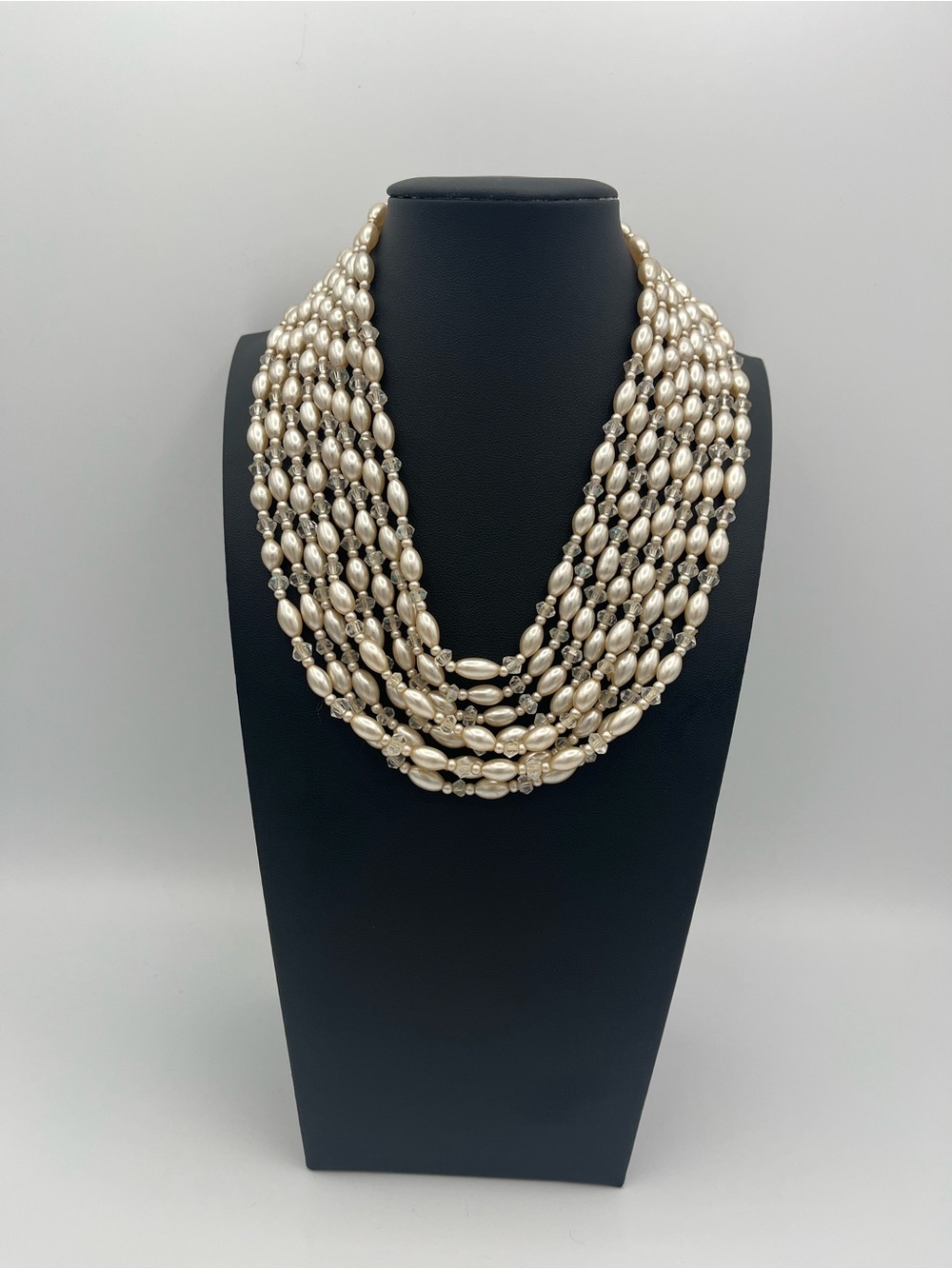 Signed Miriam Haskell 1950s 8‑Strand Faux Pearl Necklace 19.5″ Vintage